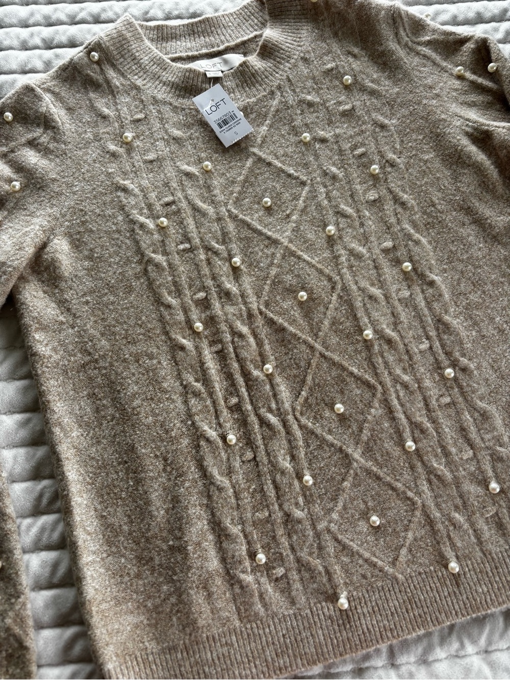 LOFT Women's Pearl-Embellished Cable Knit Sweater - Beige. Size Small. NWT.